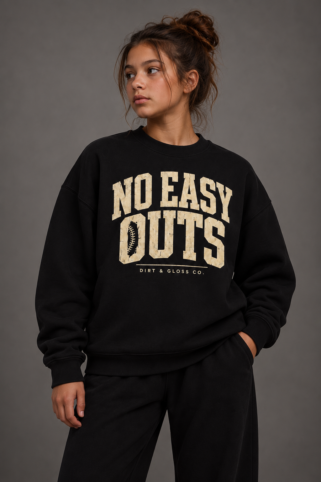 NO EASY OUTS oversized crewneck in Black, shown on model