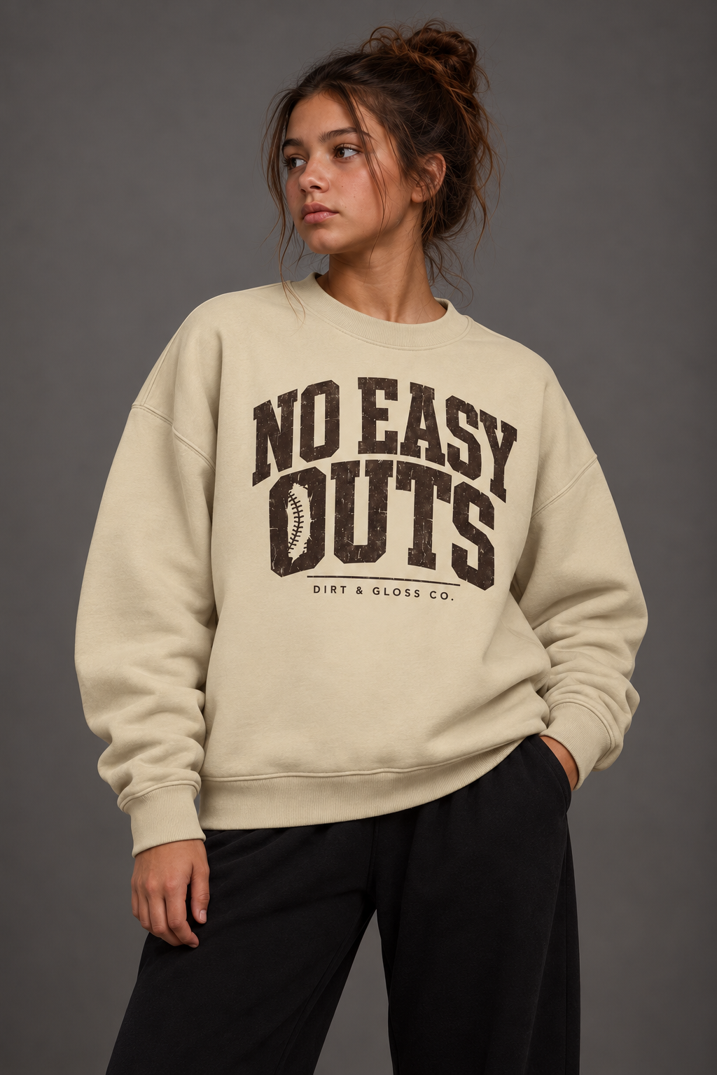 NO EASY OUTS crewneck in Light Camel, front view on model