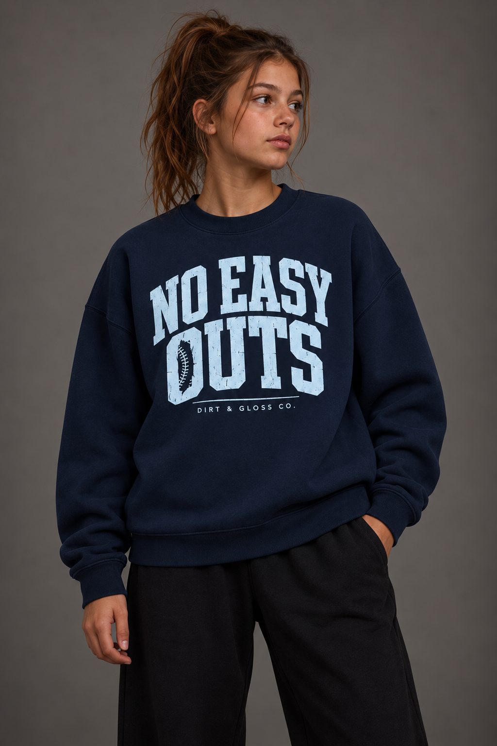 NO EASY OUTS crewneck in Navy Blue, front view on model